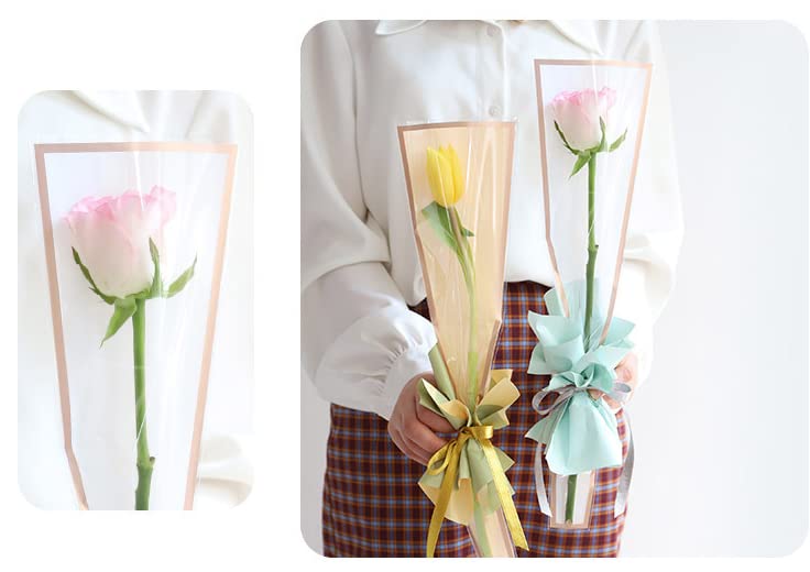 Rikyo 200 Counts 4 Colors Single Rose Packaging Bags,Gold Edge Single Rose Sleeve,Waterproof Flower Bouquet Sleeve Bag for Mother's day Valentines Day Wedding Birthday Gift