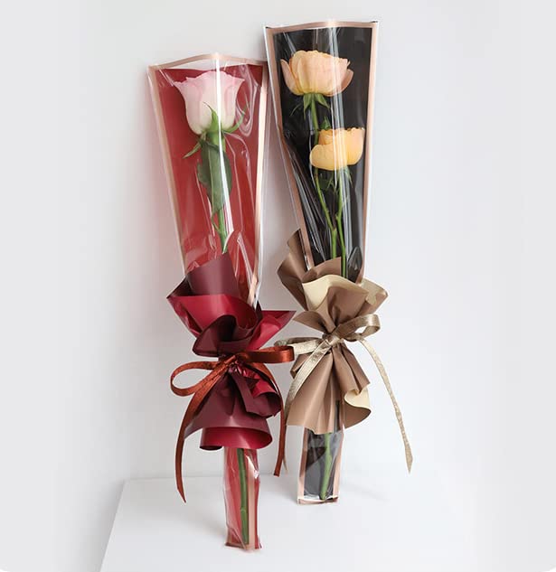 Rikyo 200 Counts 4 Colors Single Rose Packaging Bags,Gold Edge Single Rose Sleeve,Waterproof Flower Bouquet Sleeve Bag for Mother's day Valentines Day Wedding Birthday Gift