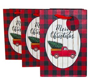 iconikal medium size christmas gift bags, red buffalo plaid with red truck, 10-count set