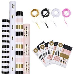 packanewly wrapping paper roll set with cutline on reverse for all occasion – pink gold white, black stripe, fruit pineapple gift wrap paper bundle(4 pack, 100 sq. ft. ttl.) – 30 x 120 inch each roll