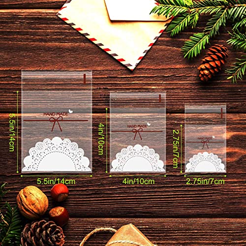 300 Counts Christmas Snowflake Candy Bags Lace Bowknot Wrappers Self Adhesive Hand Made Cookie Bags 3 Sizes Biscuit Roasting Treat Gift DIY Decorating Plastic Bags for Christmas