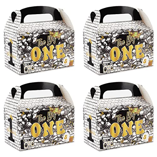 24pcs The Notorious One Birthday Decorations, Black Gold 1st Birthday Party Favors Treat Boxes with Handle - Hip Hop Theme Big One First Birthday Candy Gift Boxes for Boy