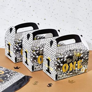 24pcs The Notorious One Birthday Decorations, Black Gold 1st Birthday Party Favors Treat Boxes with Handle - Hip Hop Theme Big One First Birthday Candy Gift Boxes for Boy