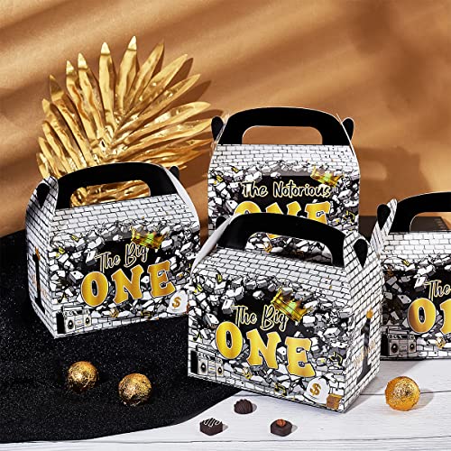 24pcs The Notorious One Birthday Decorations, Black Gold 1st Birthday Party Favors Treat Boxes with Handle - Hip Hop Theme Big One First Birthday Candy Gift Boxes for Boy