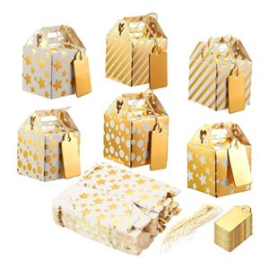 juvale 36 pack mini gold treat boxes for wedding, tiny 2x2x2 favor boxes with tags and string (3 patterns)
