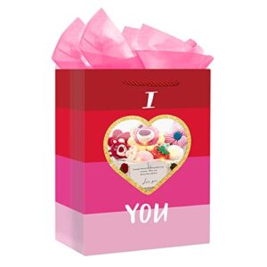 flyab valentines day gift bag with tissue paper 11.5″ valentines gift bag with handle clear heart gift bags for anniversary wedding valentine’s day party favors birthday valentines gifts wrapping