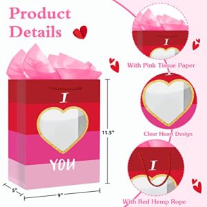 FLYAB Valentines Day Gift Bag with Tissue Paper 11.5" Valentines Gift Bag with Handle Clear Heart Gift Bags for Anniversary Wedding Valentine's Day Party Favors Birthday Valentines Gifts Wrapping