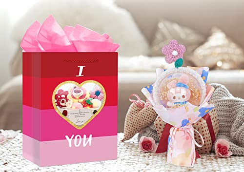 FLYAB Valentines Day Gift Bag with Tissue Paper 11.5" Valentines Gift Bag with Handle Clear Heart Gift Bags for Anniversary Wedding Valentine's Day Party Favors Birthday Valentines Gifts Wrapping