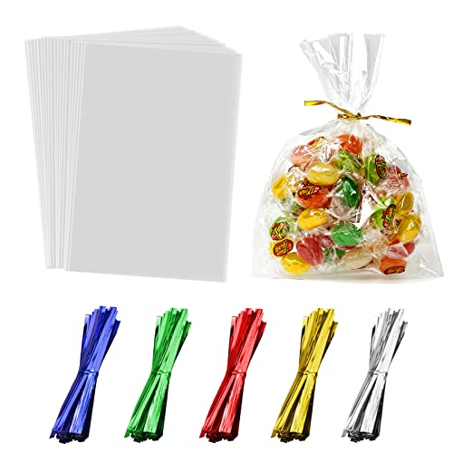 Arsmat 200 Pcs Cellophane Bags, 1.5mils Cellophane Treat Bags with Ties, Thick OPP Clear Treat Bags Goodie Bags for Bakery, Cookies, Candies, Gift Packing(4" x 6")