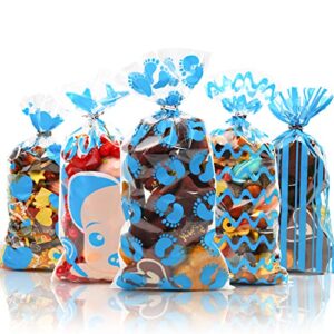 suloli baby shower cellophane bags,120pcs blue candy gift bags gender reveal treat bags with 150 twist for baby boy shower party favor candy buffet supplies