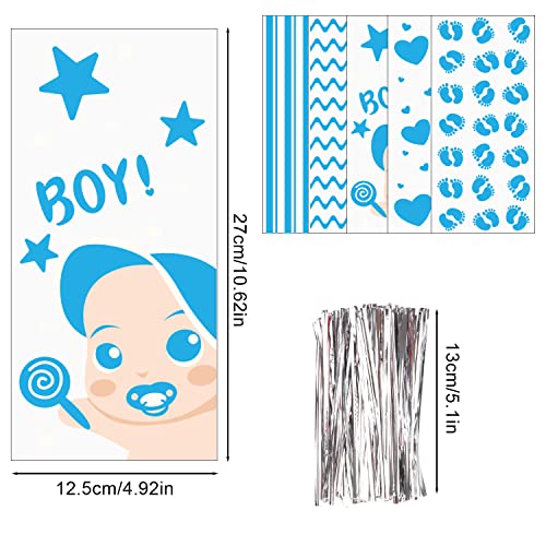 SULOLI Baby Shower Cellophane Bags,120pcs Blue Candy Gift Bags Gender Reveal Treat Bags with 150 Twist for Baby Boy Shower Party Favor Candy Buffet Supplies