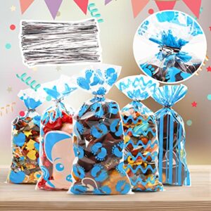 SULOLI Baby Shower Cellophane Bags,120pcs Blue Candy Gift Bags Gender Reveal Treat Bags with 150 Twist for Baby Boy Shower Party Favor Candy Buffet Supplies