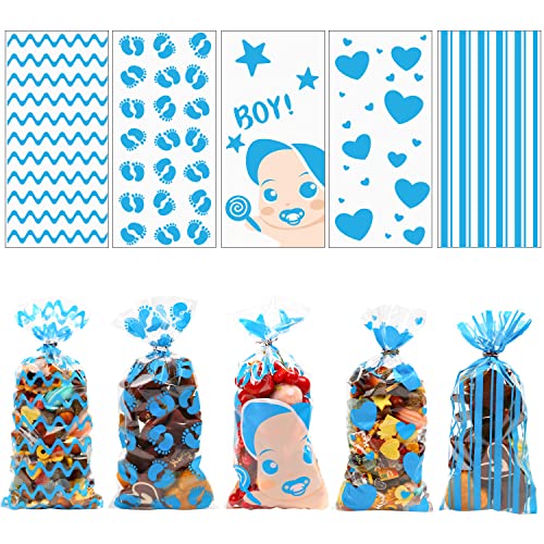 SULOLI Baby Shower Cellophane Bags,120pcs Blue Candy Gift Bags Gender Reveal Treat Bags with 150 Twist for Baby Boy Shower Party Favor Candy Buffet Supplies