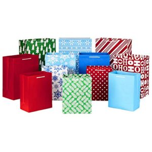 hallmark christmas gift bags assorted sizes (12 bags: 5 medium 8″, 4 large 11″, 3 extra large 14″) red, blue, green, solids, snowflakes, stripes