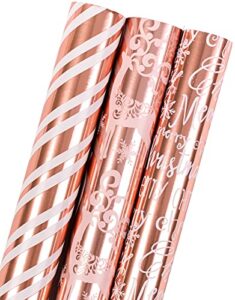 maypluss christmas wrapping paper roll – mini roll – 17 inch x 120 inch per roll – 3 different rose gold design with glitter metallic foil shine (42.3 sq.ft.ttl)