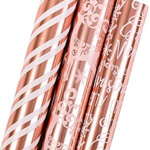 MAYPLUSS Christmas Wrapping Paper Roll - Mini Roll - 17 inch X 120 inch Per roll - 3 Different Rose Gold Design with Glitter Metallic Foil Shine (42.3 sq.ft.ttl)