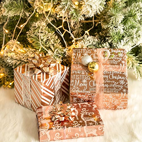 MAYPLUSS Christmas Wrapping Paper Roll - Mini Roll - 17 inch X 120 inch Per roll - 3 Different Rose Gold Design with Glitter Metallic Foil Shine (42.3 sq.ft.ttl)