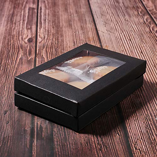 BENECREAT 30 Packs 5x3x0.6 Inches Black Kraft Paper Bakery Box with Clear PVC Window Pastry Gift Box for Candy, Cookies and Other Handicrafts