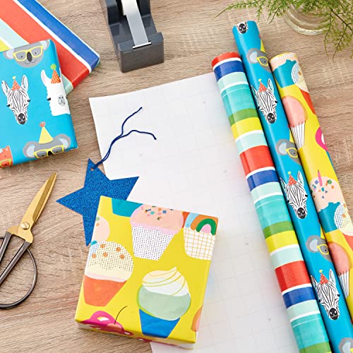 Hallmark Colorful Wrapping Paper Bundle with Cutlines on Reverse (6 Rolls: 110 Square Feet Total) Llamas, Zebras, Cupcakes, Holographic Stripes, Polka Dots for Birthdays, Kids Parties, Back to School