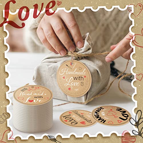 240 Pieces Handmade Gift Tags Handmade with Love Gift Tags with String 2.3'' Round Tags Brown Rustic Kraft Hang Tags for Wedding Party Favor DIY Craft and Birthday Party