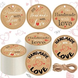 240 Pieces Handmade Gift Tags Handmade with Love Gift Tags with String 2.3'' Round Tags Brown Rustic Kraft Hang Tags for Wedding Party Favor DIY Craft and Birthday Party