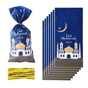 sorkwo 100 Pcs Eid Mubarak Goodie Bags Cellophane Treat Bags Eid Candy Bags for Gifts, Muslim Castle Moon Star Plastic Cellophane for Eid Party Decorations Party Supplies