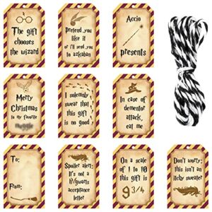 wood homing 51pcs magical wizard gift tags, vintage wizard gift tags with string, wizard paper hanging labels for present warp, magical gift tags for party decor, wizard hanging tags for tree