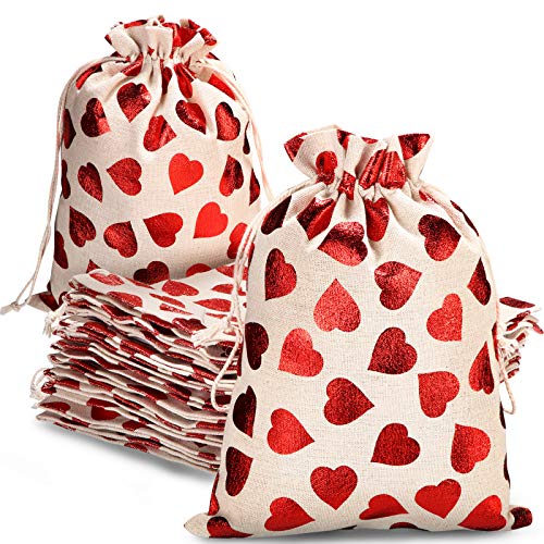 12 Pieces 8 x 10 Inch Valentine's Day Canvas Muslin Bags Packing Pouches Drawstring Candy Bags with Printed Heart for Valentine's Day Christmas Wedding Party Favors Jewelry DIY Craft