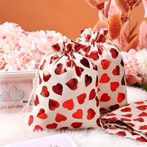 12 Pieces 8 x 10 Inch Valentine's Day Canvas Muslin Bags Packing Pouches Drawstring Candy Bags with Printed Heart for Valentine's Day Christmas Wedding Party Favors Jewelry DIY Craft