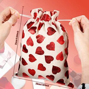 12 Pieces 8 x 10 Inch Valentine's Day Canvas Muslin Bags Packing Pouches Drawstring Candy Bags with Printed Heart for Valentine's Day Christmas Wedding Party Favors Jewelry DIY Craft