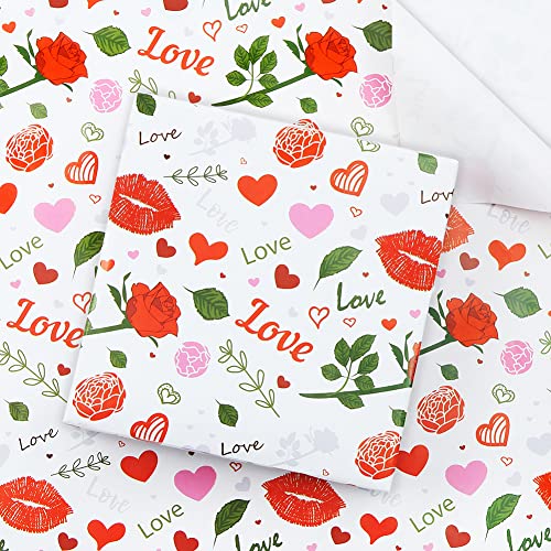 Valentine's Day Gift Wrapping Paper for Women Girls, Rose Flower Lip Heart Love Print Gift Wrap Paper for Bridal Shower Wedding Birthday Holiday Any Occasion 4 Sheet Folded Flat