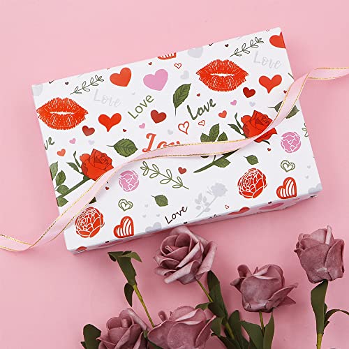 Valentine's Day Gift Wrapping Paper for Women Girls, Rose Flower Lip Heart Love Print Gift Wrap Paper for Bridal Shower Wedding Birthday Holiday Any Occasion 4 Sheet Folded Flat