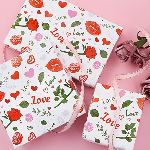 Valentine's Day Gift Wrapping Paper for Women Girls, Rose Flower Lip Heart Love Print Gift Wrap Paper for Bridal Shower Wedding Birthday Holiday Any Occasion 4 Sheet Folded Flat