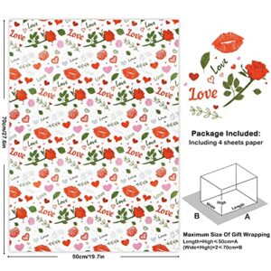 Valentine's Day Gift Wrapping Paper for Women Girls, Rose Flower Lip Heart Love Print Gift Wrap Paper for Bridal Shower Wedding Birthday Holiday Any Occasion 4 Sheet Folded Flat