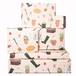 central 23 birthday wrapping paper – 6 sheets of fun gift wrap for plant lover – cute garden tools design – beige green – for plant mum – eco friendly – recyclable