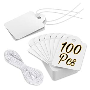 price tags with string (100 pack, white) 1.75×1.09 inch – lightweight quality card stock material – strings tags to label parcels, gifts, clothing & all kind of events