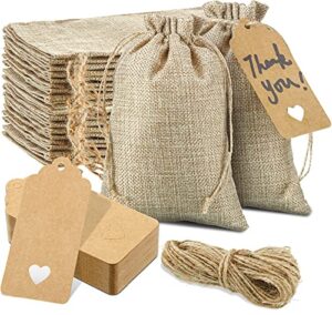 24 pieces 5 x 7 inch brown burlap gift bags linen burlap present bags party favor jewelry pouches with drawstring treat goodies bag for christmas, wedding party and diy craft packing with tags, brown