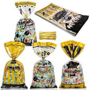 konsait graduation cellophane bags, 100pcs clear candy cookie treat bags with twist ties for bakery biscuit chocolate snacks,holiday goody bags, graduation party favors supplies gifts bags