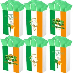 sperpand 24 pcs st. patrick’s day gift bags with 24 tissue, 8.7″paper goodie favor bags with handles, shamrock green orange white stripe patrick bags for party accessories(3 irish styles)