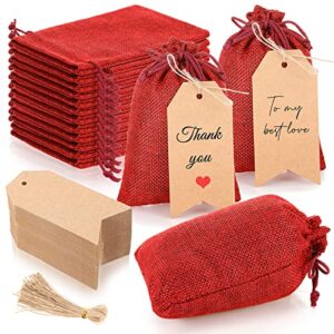 50 pcs burlap gift bags with drawstring, 4×6 inch small party favor gift bags red drawstring burlap bags with 50 gift tags and 50 string jewelry pouches for christmas, wedding favors, diy craft bags