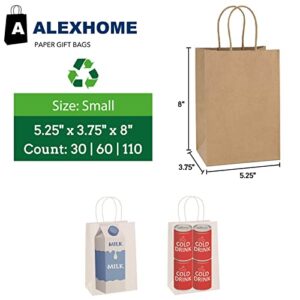 AlexHome 30 Pcs Brown Paper Bags with Handles,5.8 x 3.2 x 8.2 Inches,Size Small,Paper Gift Bags,Kraft Paper Bags Bulk for Grocery/Business Owners/Shopping/Party/Goody/Retail/Takeouts/Birthday/christmas,Brown,Small,30 Pcs