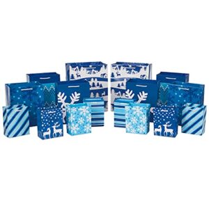 image arts holiday gift bag assortment (pack of 16) blue and white stripes, snowflakes, reindeer, winter scenes