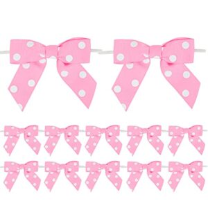 aimudi baby pink polka dot ribbon twist tie bows 3.5″ premade dotted grosgrain ribbon bows pretied bows for treat bags, crafts, gift wrapping, party favors, baby shower, cellophane bag – 12 counts