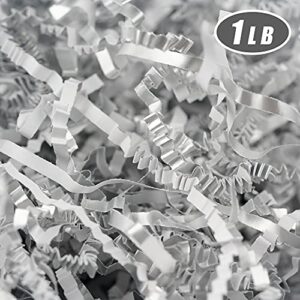 1LB Crinkle Cut Paper Shred Filler Silver White Paper Shreds Filler Raffia Paper Shreds Strands Grass Stuffer Shredded Crinkle Confetti for Packing Filler Gift Wrap Basket Filler