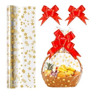 christmas cellophane wrap roll, cellophane wrap gift basket wrap, nistar cellophane wrap roll (32 in x 50 ft) gold for gift baskets with 8 bows extra large clear wrapping paper to treats, flower, diy craft for holiday, christmas