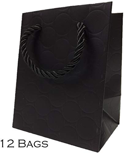 MODEENI 12 Extra Small Gift Bags with Handles Black Little Paper Bags Mini 4x3x5 Premium Quality Fancy Cute Modern Circle Embossed for Jewelry Merchandise Charms Wedding Shopping