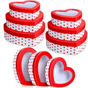 9 pieces mother’s day heart shaped gift boxes with transparent window red heart dot flower boxes cardboard floral gift goody box for holiday decorative present wrapping packaging, 3 sizes