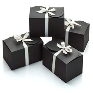 Hayley Cherie - Black Kraft Treat Boxes with White & Gold Ribbons (20 Pack) - 6.5" x 4" x 4" - Thick 400gsm Card - for Favors, Gifts, Parties, Christmas, Birthdays, Bridesmaids, Weddings, Groomsmen