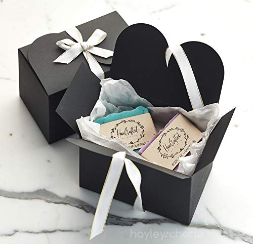 Hayley Cherie - Black Kraft Treat Boxes with White & Gold Ribbons (20 Pack) - 6.5" x 4" x 4" - Thick 400gsm Card - for Favors, Gifts, Parties, Christmas, Birthdays, Bridesmaids, Weddings, Groomsmen