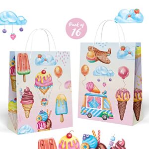 ice cream bags pack of 16 – ice cream party favors bags with handles – sturdy ice cream goodie bags for treats & gifts – stylish ice cream candy bags, ideal for ice cream theme party decorations